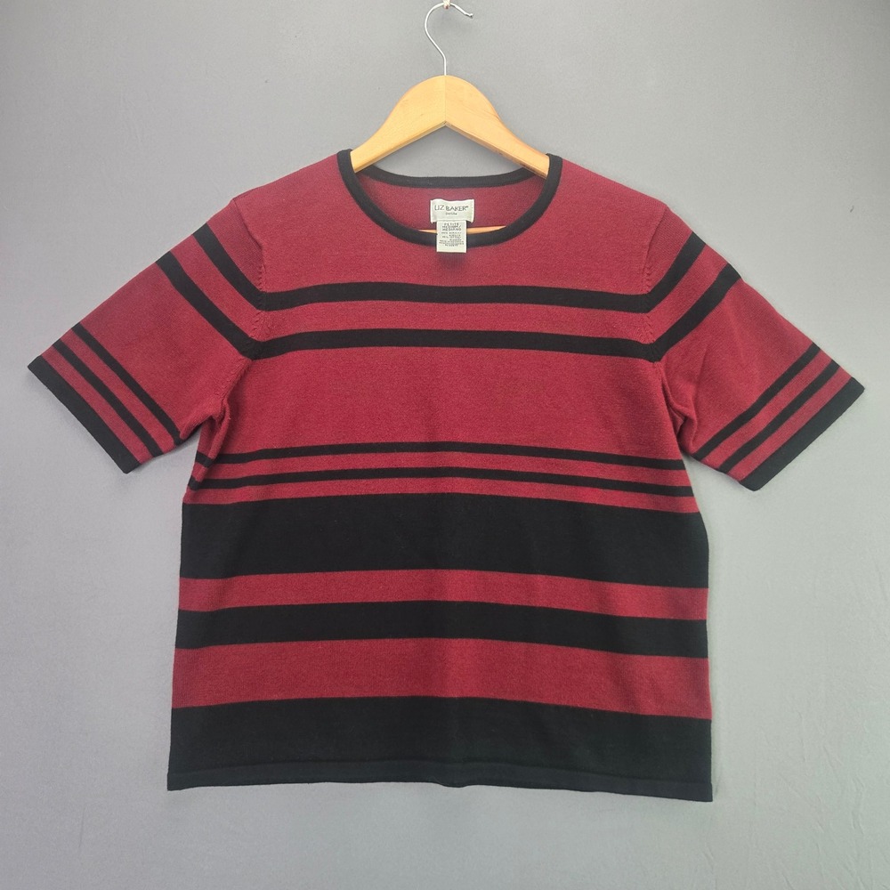 Liz Baker Petite Sweater PM Medium Red Black Striped Short Sleeve Crew Neck Knit